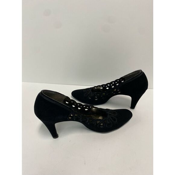 Black Leather Suede Scalloped Heel Size 7 - Picture 7 of 10